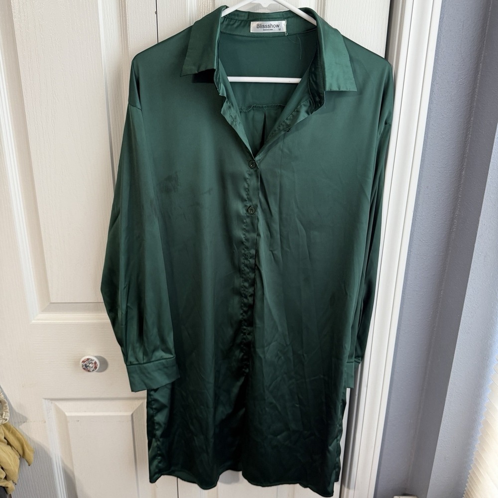 Blissshow Green Satin Long Sleeve Button Up Shirt Dress Women's Size Medium Boho